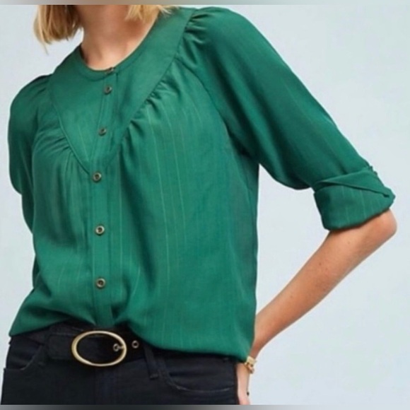 Anthropologie Maeve - Avignon Buttondown Long Sleeve Blouse - Emerald Green - XL - Picture 3 of 6
